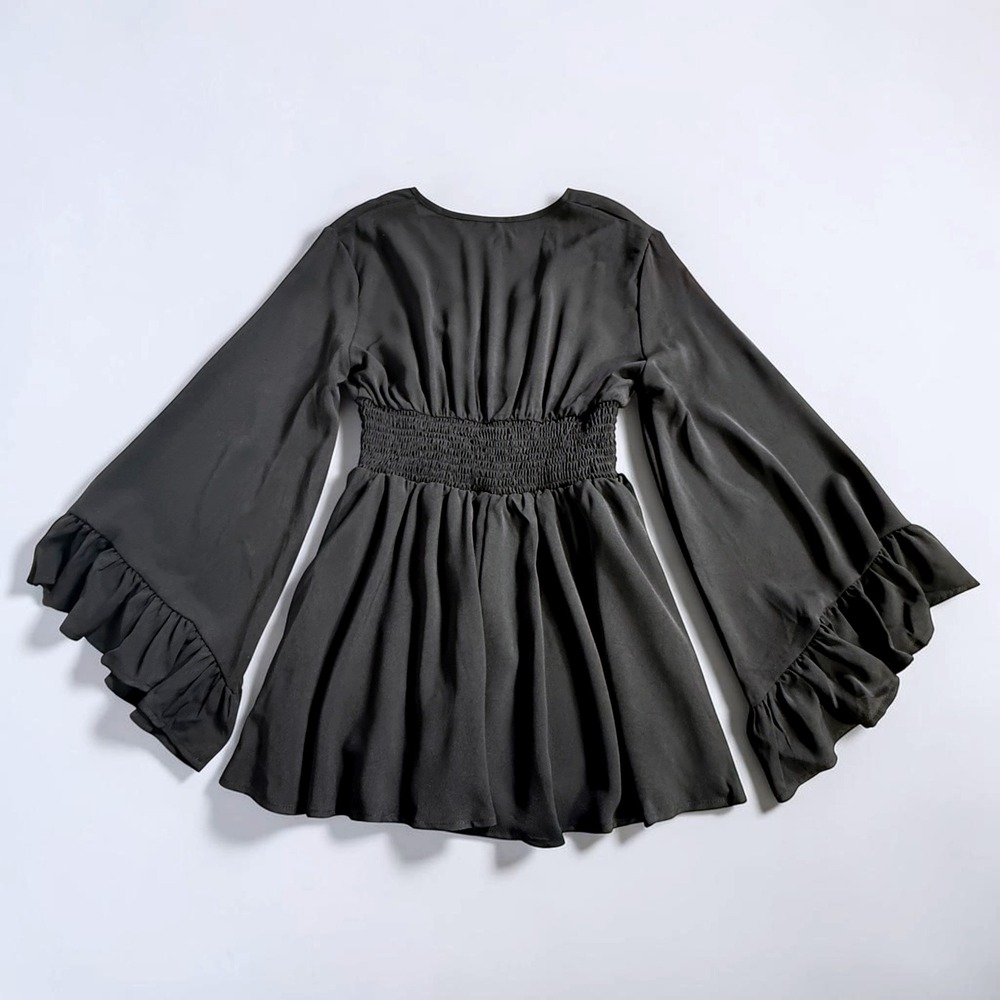 Black V-Neck Smocked Waist Bell Sleeve Ruffle Mini Dress Womens Medium - Picture 5 of 9